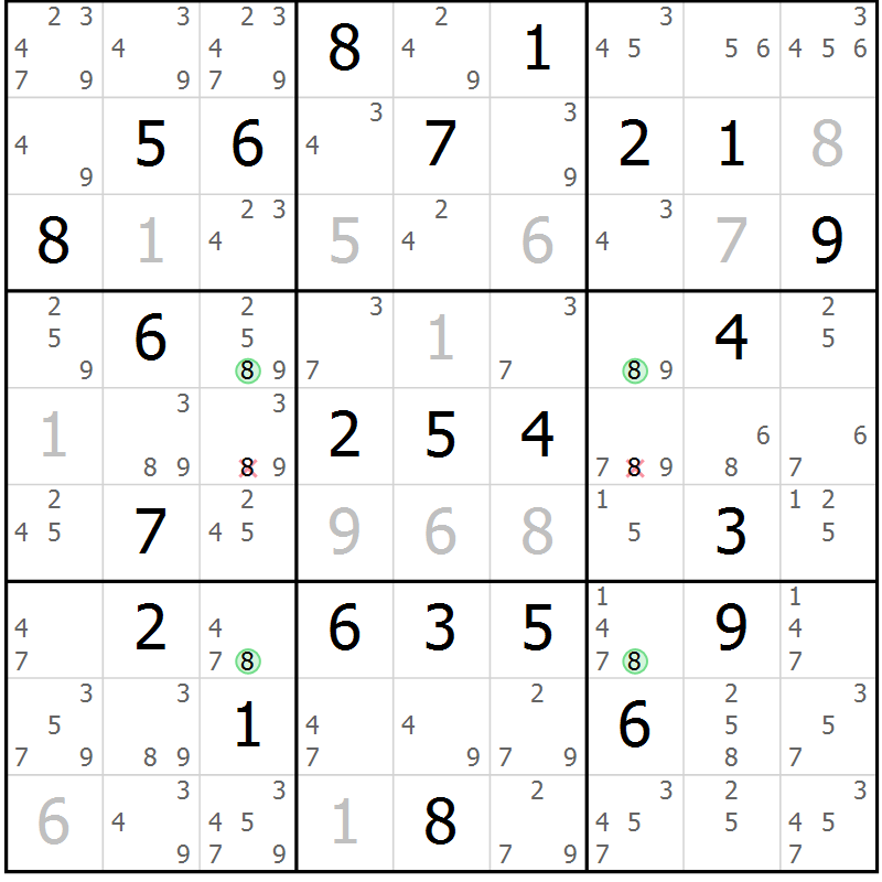 Position des candidats pour la solution de la Gr 60 page 63 du magazine de sudoku Suprême n° 034
