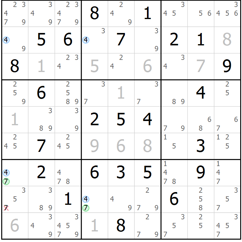 Position des candidats pour la solution de la Gr 60 page 63 du magazine de sudoku Suprême n° 034