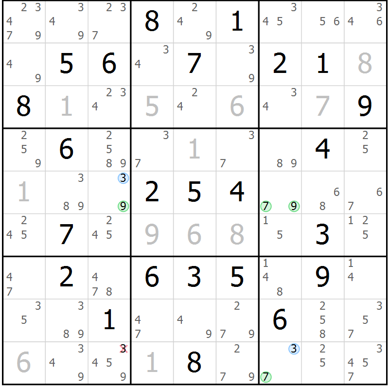 Position des candidats pour la solution de la Gr 60 page 63 du magazine de sudoku Suprême n° 034