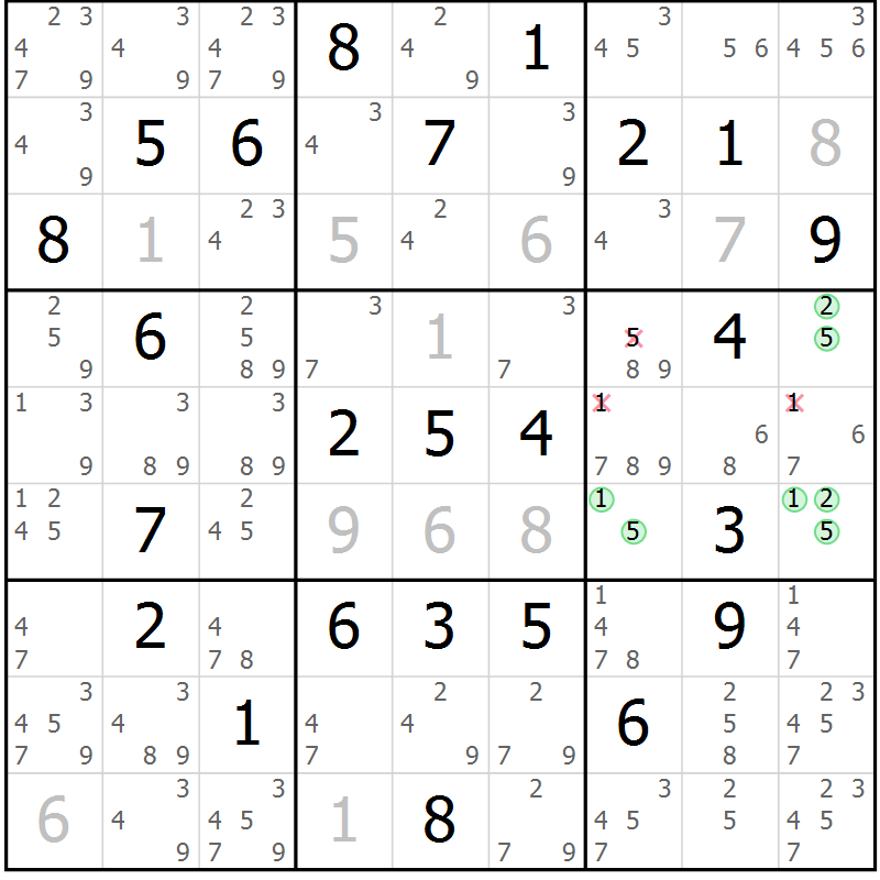 Position des candidats pour la solution de la Gr 60 page 63 du magazine de sudoku Suprême n° 034