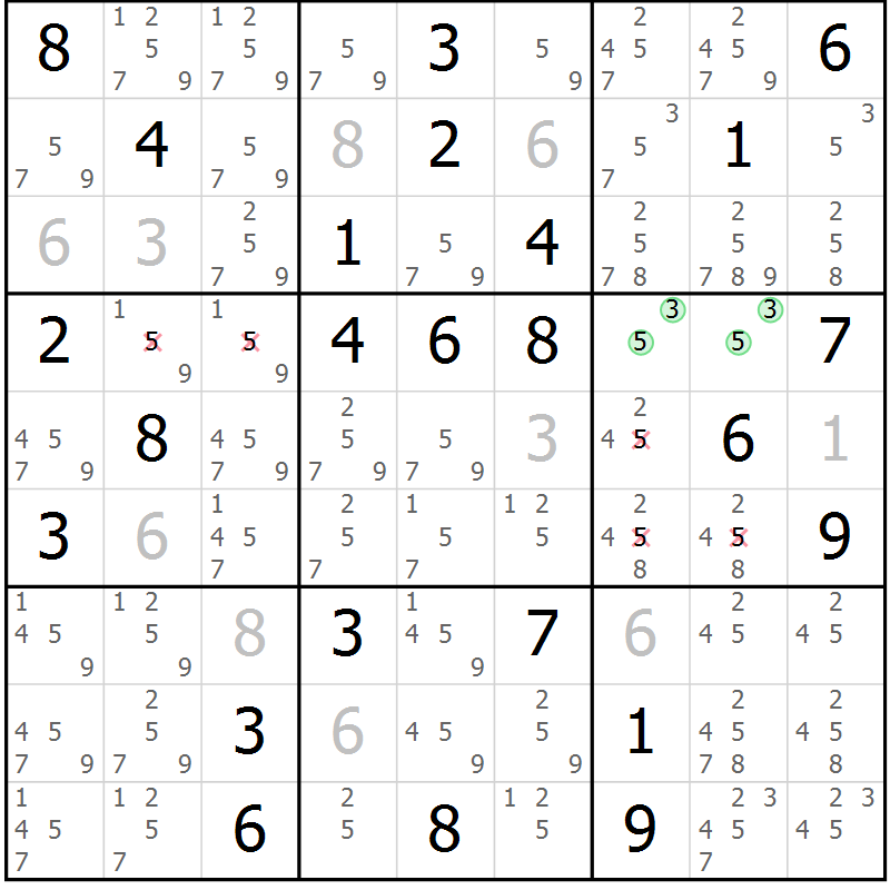 Position des candidats pour la solution de la Gr 61 page 64 du magazine de sudoku Suprême n° 034