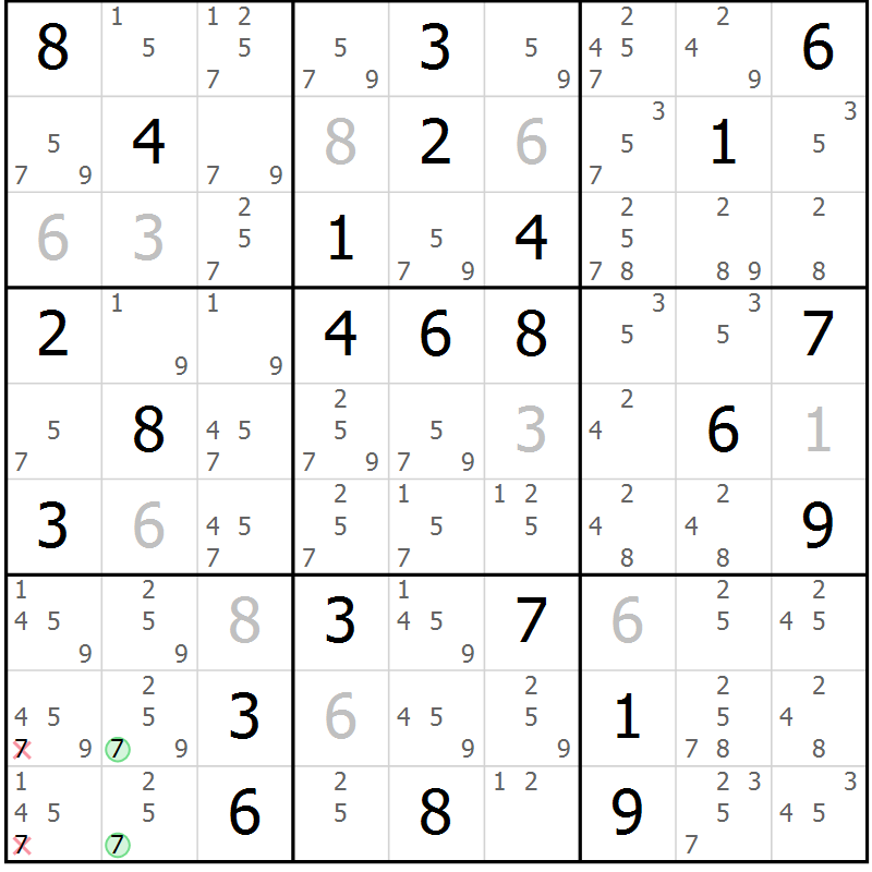 Position des candidats pour la solution de la Gr 61 page 64 du magazine de sudoku Suprême n° 034