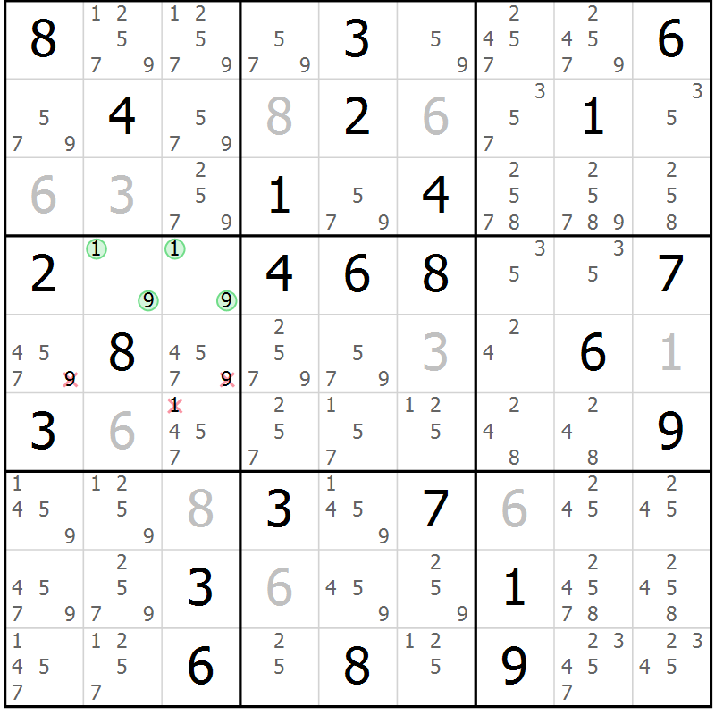 Position des candidats pour la solution de la Gr 61 page 64 du magazine de sudoku Suprême n° 034