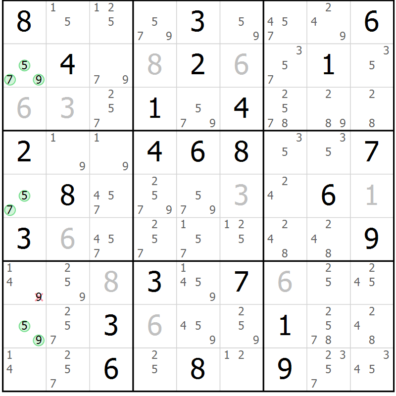 Position des candidats pour la solution de la Gr 61 page 64 du magazine de sudoku Suprême n° 034