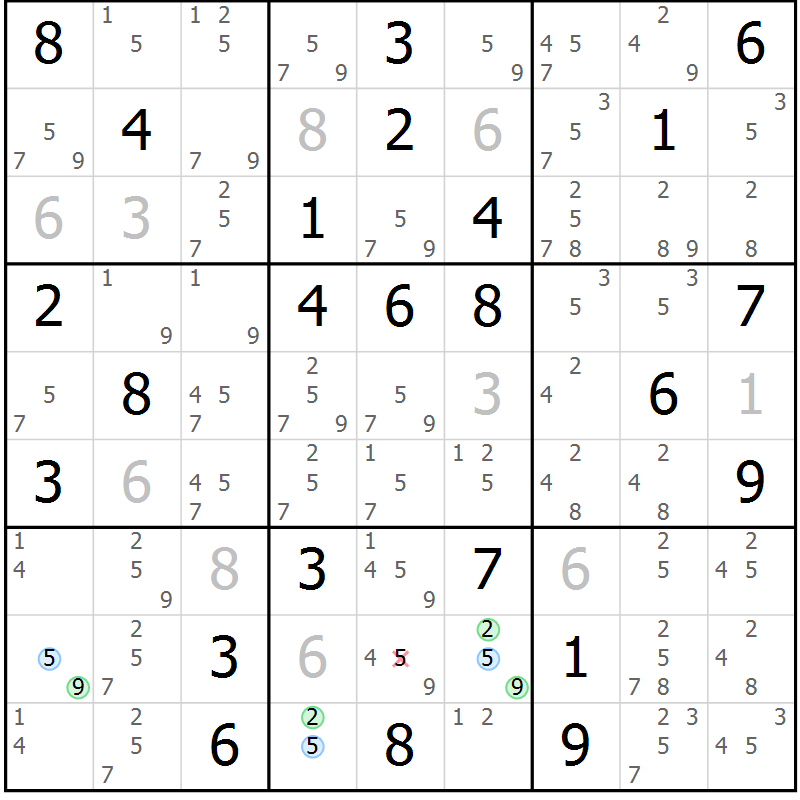 Position des candidats pour la solution de la Gr 61 page 64 du magazine de sudoku Suprême n° 034