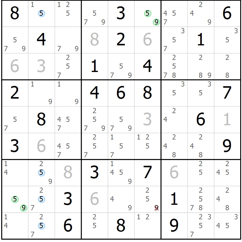 Position des candidats pour la solution de la Gr 61 page 64 du magazine de sudoku Suprême n° 034