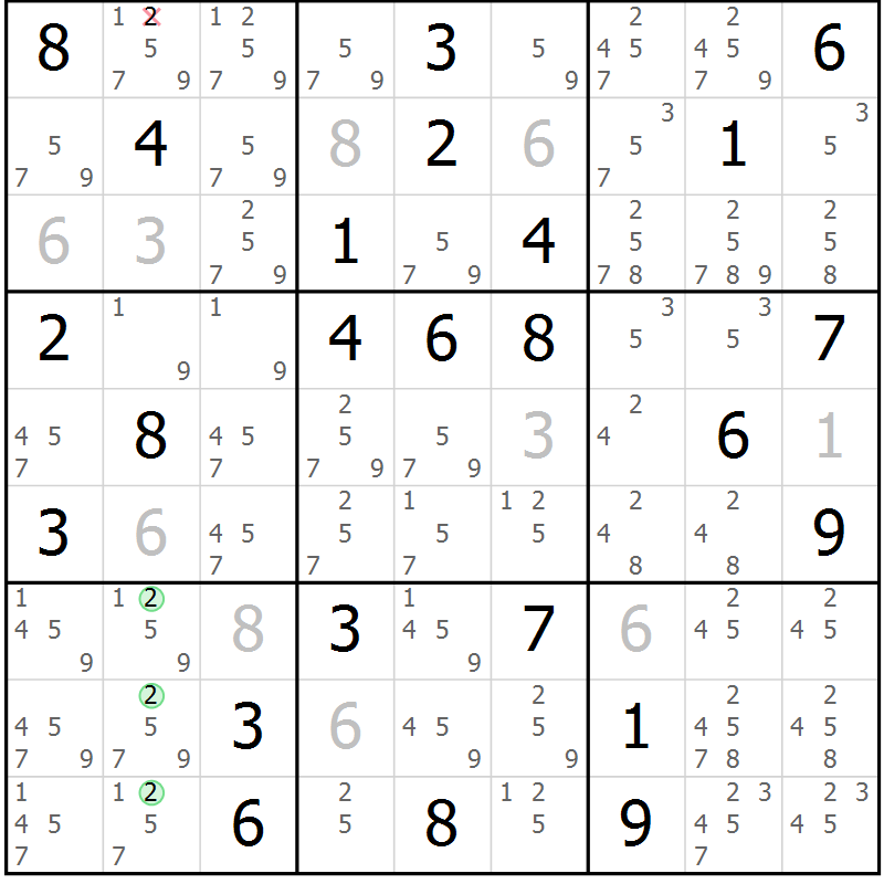 Position des candidats pour la solution de la Gr 61 page 64 du magazine de sudoku Suprême n° 034