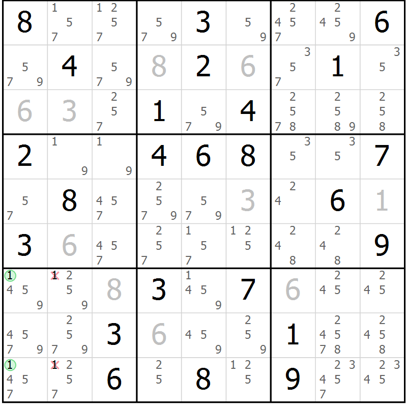 Position des candidats pour la solution de la Gr 61 page 64 du magazine de sudoku Suprême n° 034
