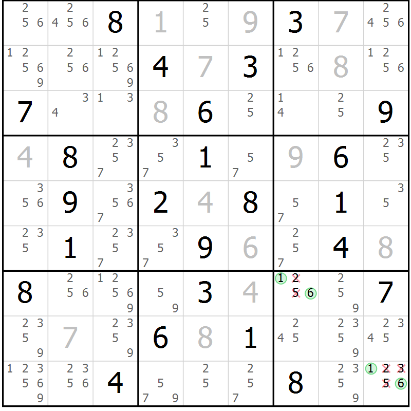 Position des candidats pour la solution de la Gr 62 page 65 du magazine de sudoku Suprême n° 034