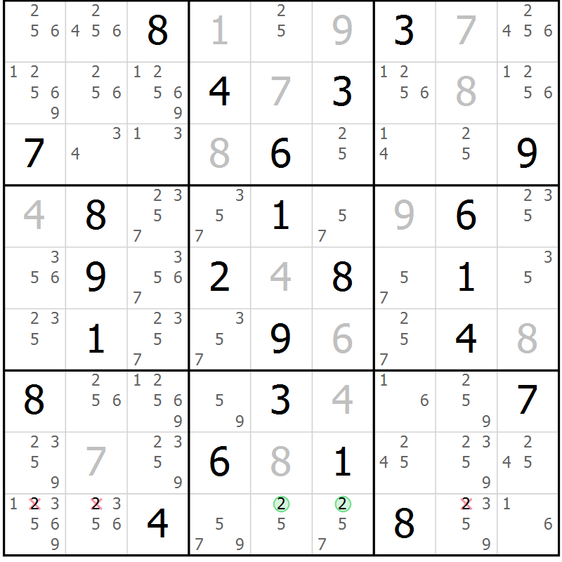 Position des candidats pour la solution de la Gr 62 page 65 du magazine de sudoku Suprême n° 034