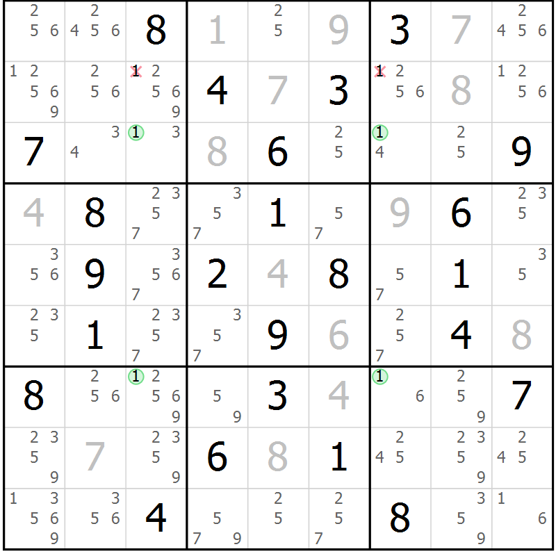 Position des candidats pour la solution de la Gr 62 page 65 du magazine de sudoku Suprême n° 034