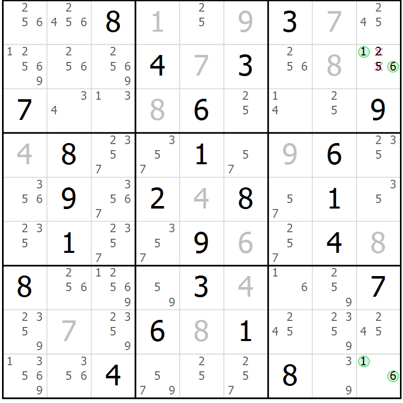 Position des candidats pour la solution de la Gr 62 page 65 du magazine de sudoku Suprême n° 034
