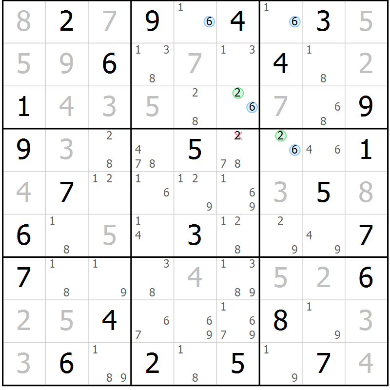 Position des candidats pour la solution de la Gr 63 page 66 du magazine de sudoku Suprême n° 034
