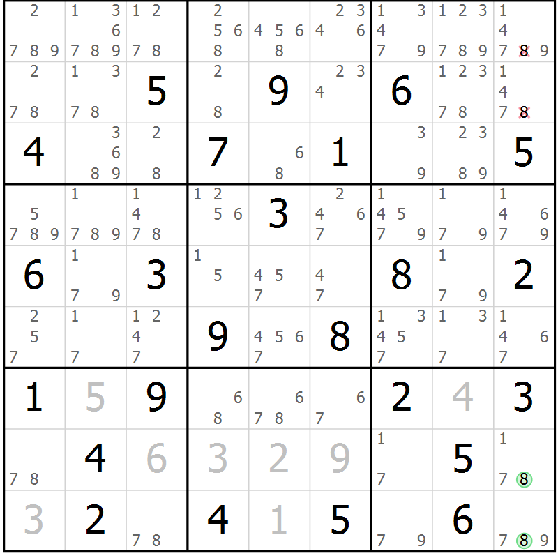 Position des candidats pour la solution de la Gr 64 page 67 du magazine de sudoku Suprême n° 034
