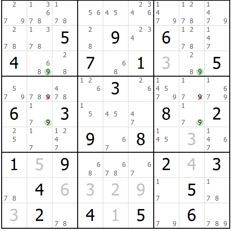 Position des candidats pour la solution de la Gr 64 page 67 du magazine de sudoku Suprême n° 034