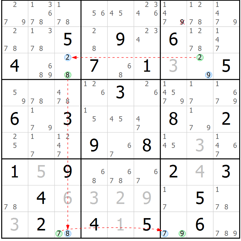 Position des candidats pour la solution de la Gr 64 page 67 du magazine de sudoku Suprême n° 034