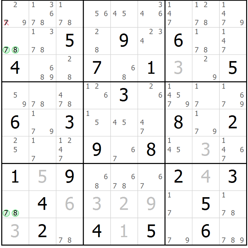 Position des candidats pour la solution de la Gr 64 page 67 du magazine de sudoku Suprême n° 034