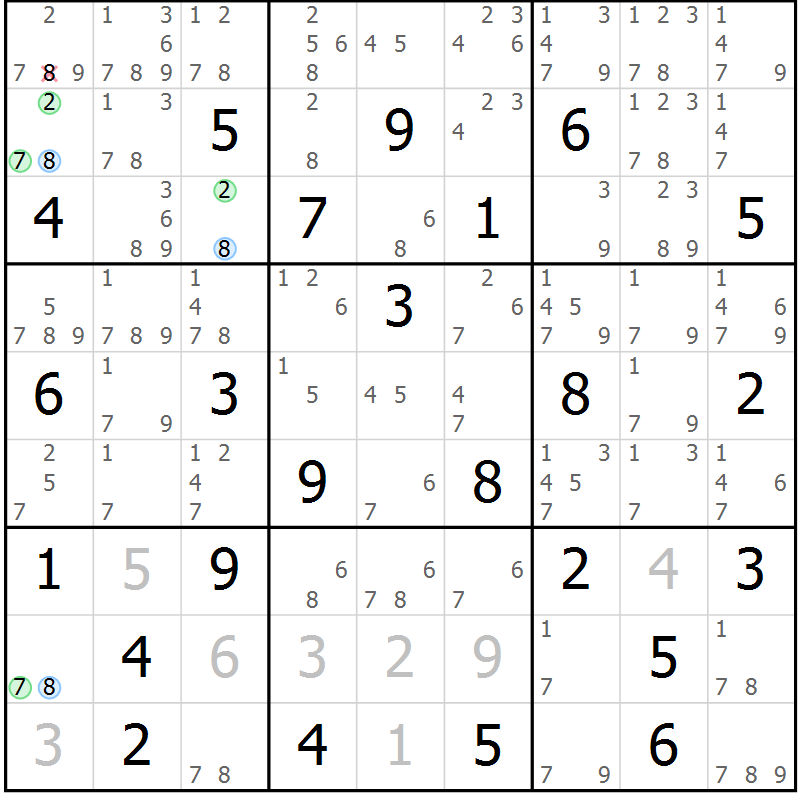 Position des candidats pour la solution de la Gr 64 page 67 du magazine de sudoku Suprême n° 034