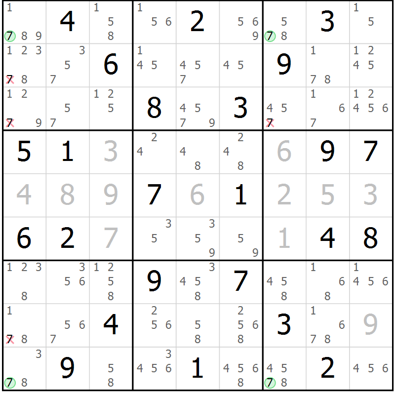Position des candidats pour la solution de la Gr 65 page 68 du magazine de sudoku Suprême n° 034