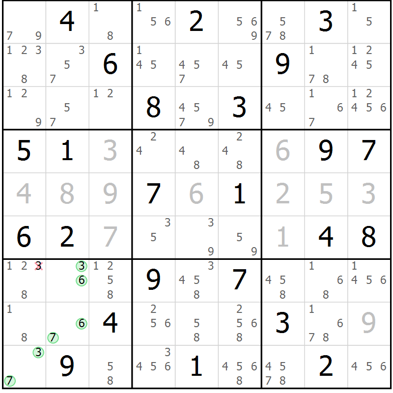 Position des candidats pour la solution de la Gr 65 page 68 du magazine de sudoku Suprême n° 034