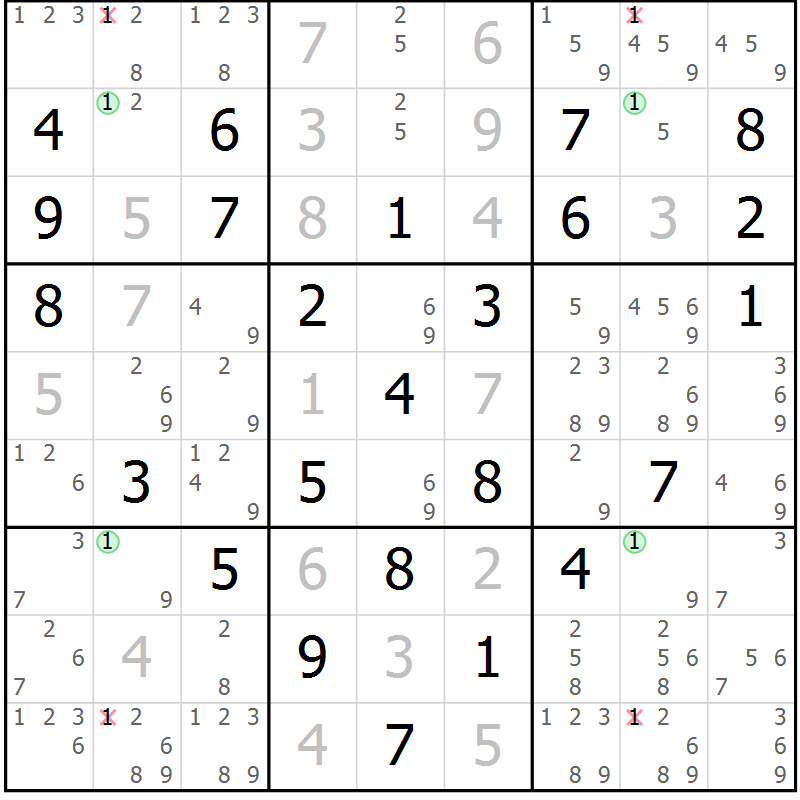 Position des candidats pour la solution de la Gr 66 page 69 du magazine de sudoku Suprême n° 034