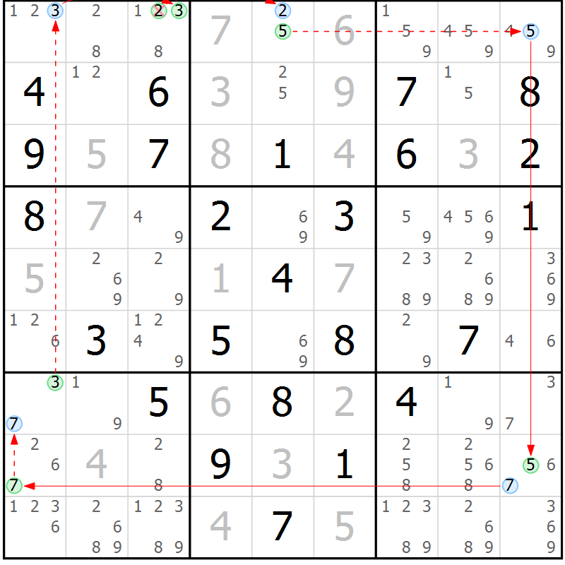 Position des candidats pour la solution de la Gr 66 page 69 du magazine de sudoku Suprême n° 034