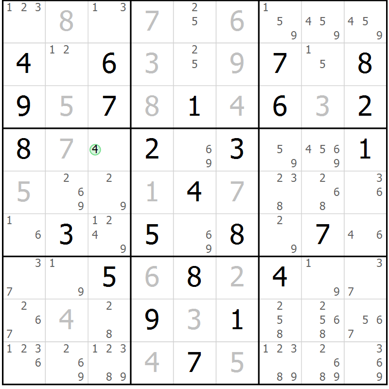 Position des candidats pour la solution de la Gr 66 page 69 du magazine de sudoku Suprême n° 034