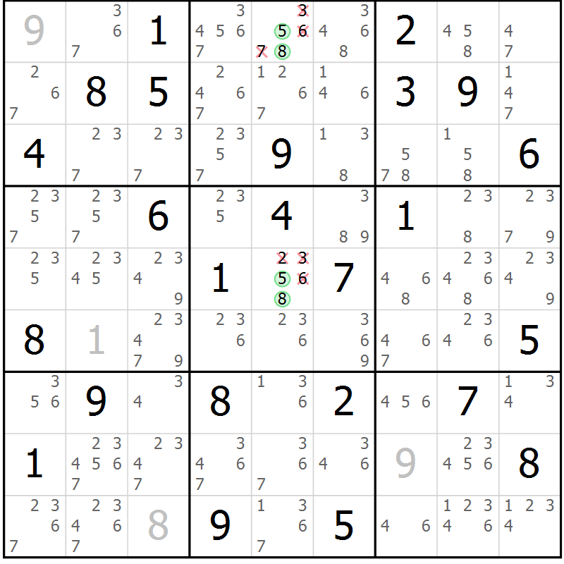 Position des candidats pour la solution de la Gr 67 page 70 du magazine de sudoku Suprême n° 034
