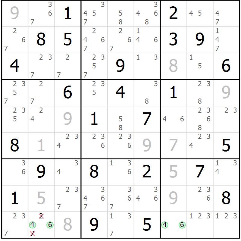 Position des candidats pour la solution de la Gr 67 page 70 du magazine de sudoku Suprême n° 034