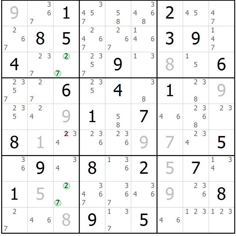 Position des candidats pour la solution de la Gr 67 page 70 du magazine de sudoku Suprême n° 034
