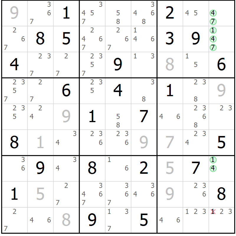 Position des candidats pour la solution de la Gr 67 page 70 du magazine de sudoku Suprême n° 034