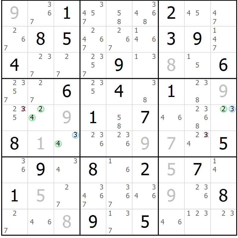 Position des candidats pour la solution de la Gr 67 page 70 du magazine de sudoku Suprême n° 034