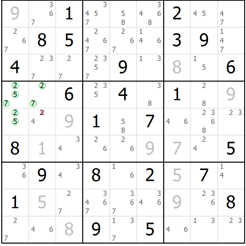 Position des candidats pour la solution de la Gr 67 page 70 du magazine de sudoku Suprême n° 034