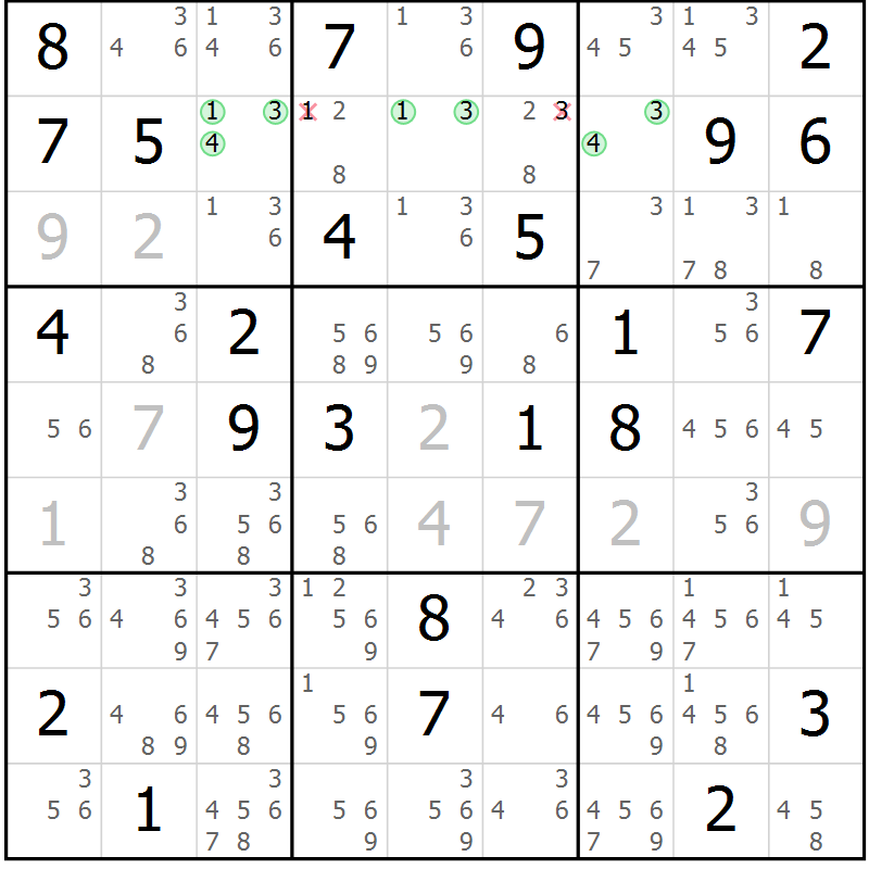 Position des candidats pour la solution de la Gr 68 page 71 du magazine de sudoku Suprême n° 034
