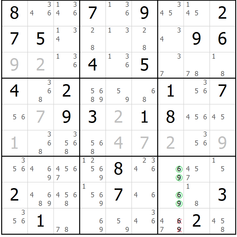 Position des candidats pour la solution de la Gr 68 page 71 du magazine de sudoku Suprême n° 034