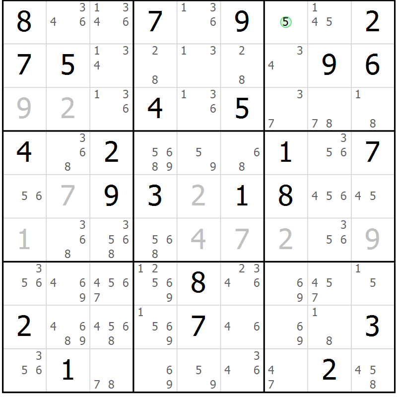 Position des candidats pour la solution de la Gr 68 page 71 du magazine de sudoku Suprême n° 034
