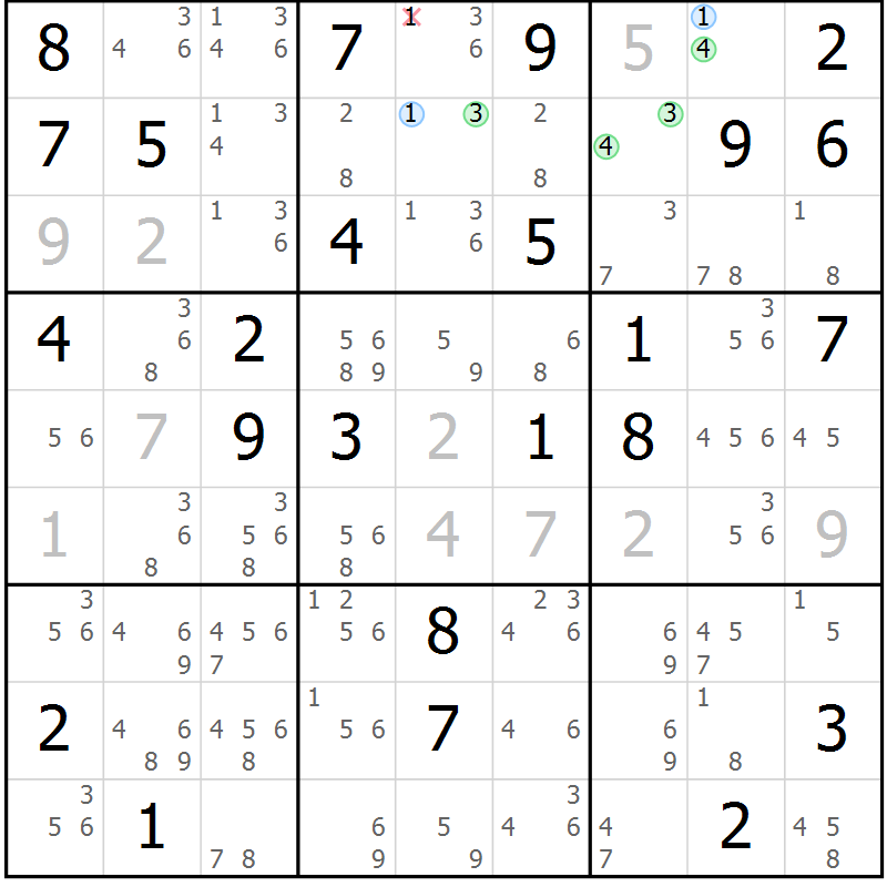 Position des candidats pour la solution de la Gr 68 page 71 du magazine de sudoku Suprême n° 034