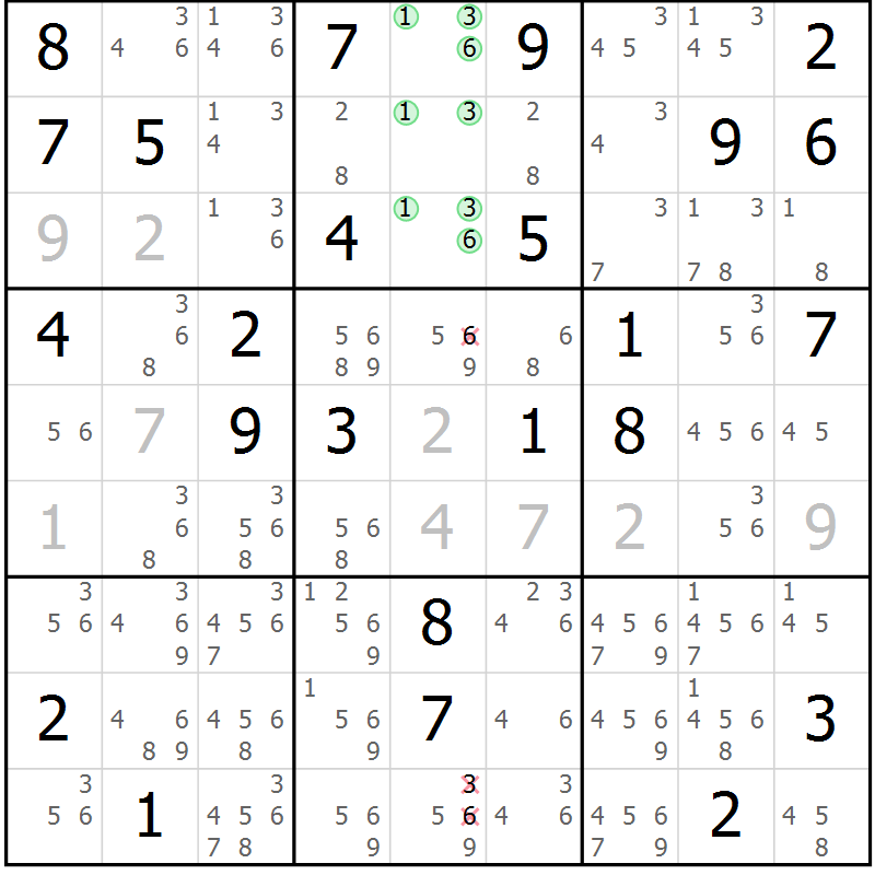 Position des candidats pour la solution de la Gr 68 page 71 du magazine de sudoku Suprême n° 034
