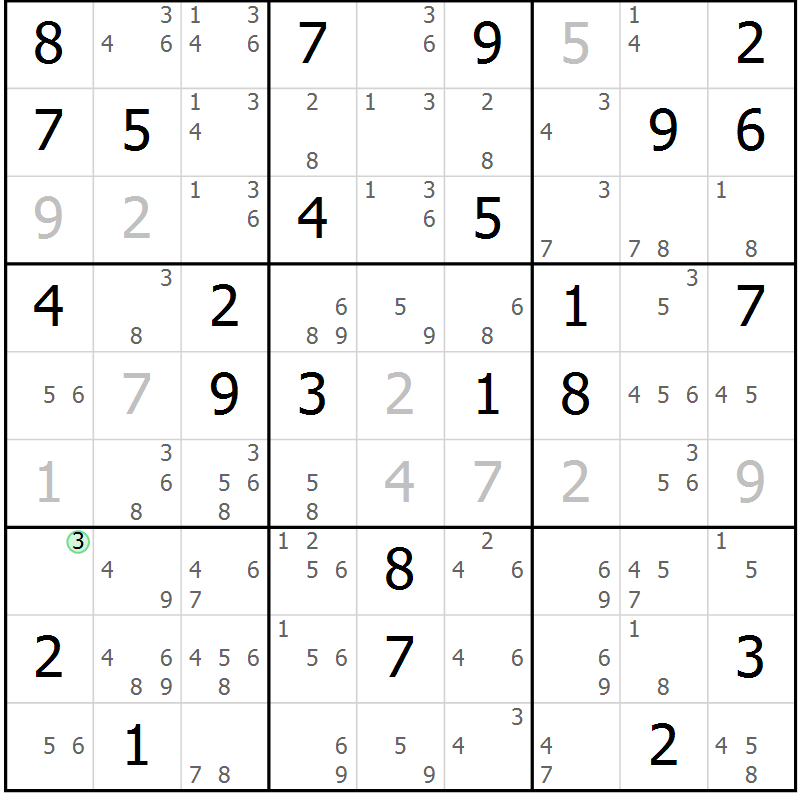 Position des candidats pour la solution de la Gr 68 page 71 du magazine de sudoku Suprême n° 034
