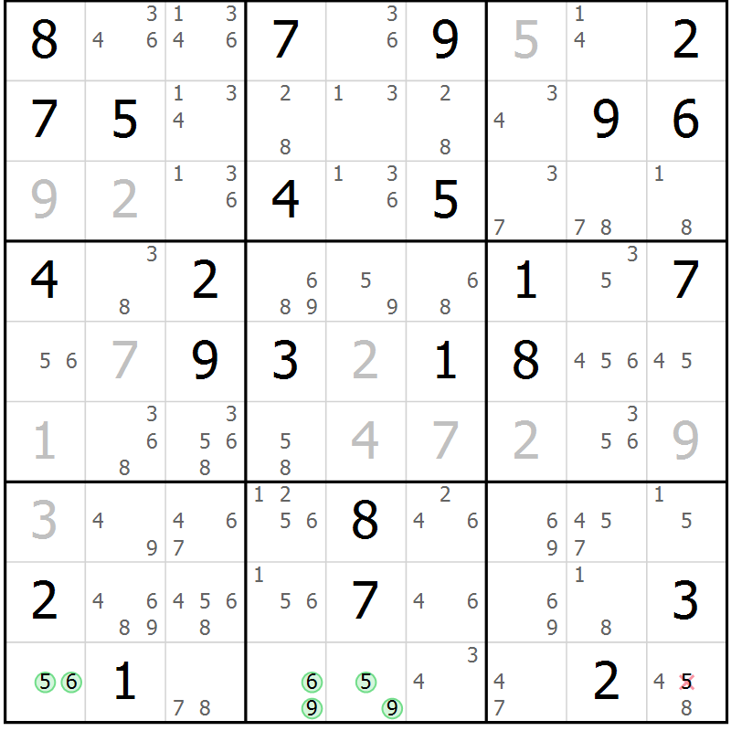 Position des candidats pour la solution de la Gr 68 page 71 du magazine de sudoku Suprême n° 034