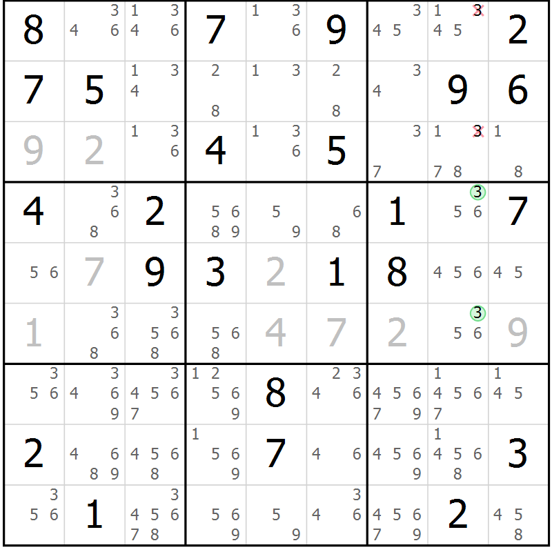 Position des candidats pour la solution de la Gr 68 page 71 du magazine de sudoku Suprême n° 034