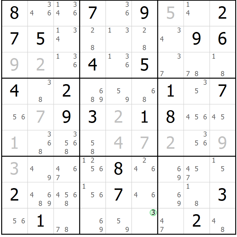 Position des candidats pour la solution de la Gr 68 page 71 du magazine de sudoku Suprême n° 034
