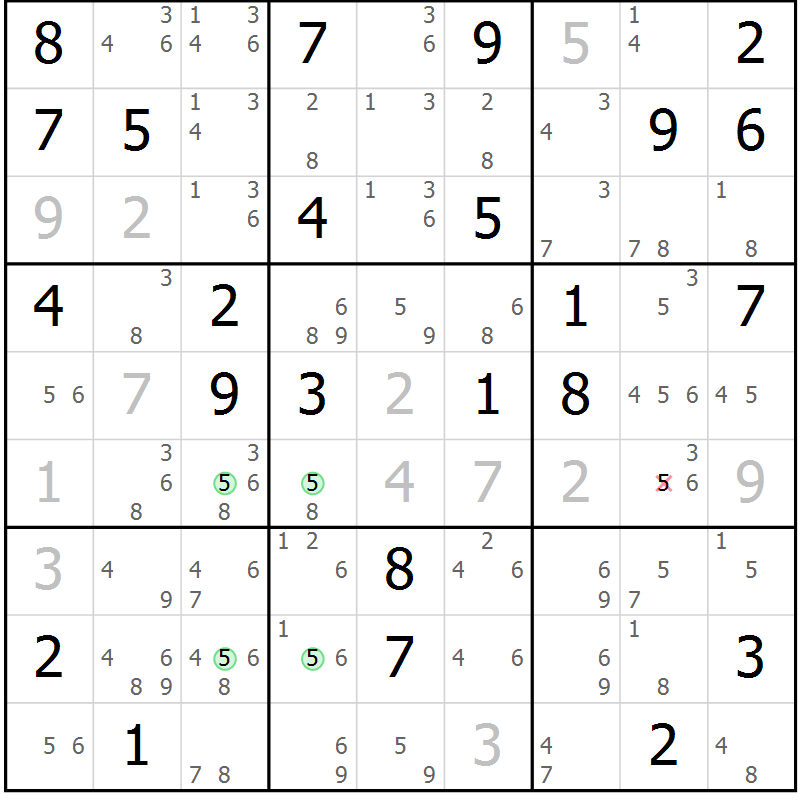 Position des candidats pour la solution de la Gr 68 page 71 du magazine de sudoku Suprême n° 034