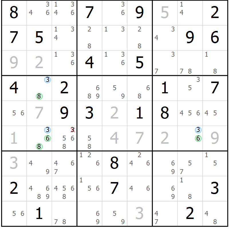Position des candidats pour la solution de la Gr 68 page 71 du magazine de sudoku Suprême n° 034