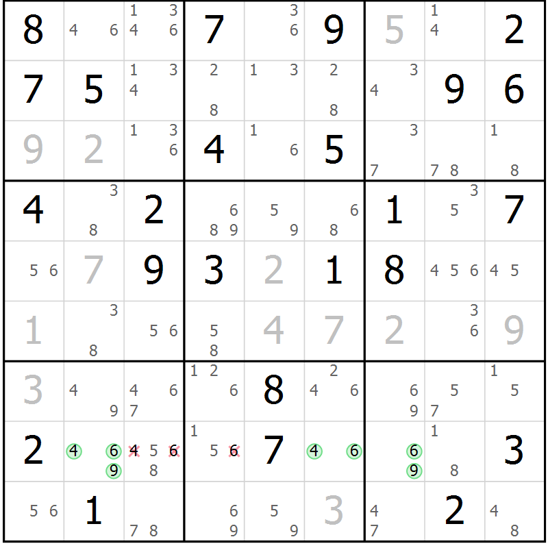 Position des candidats pour la solution de la Gr 68 page 71 du magazine de sudoku Suprême n° 034