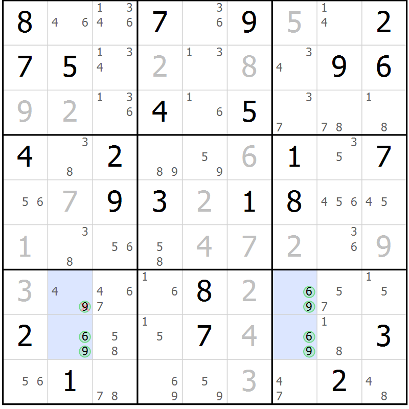 Position des candidats pour la solution de la Gr 68 page 71 du magazine de sudoku Suprême n° 034