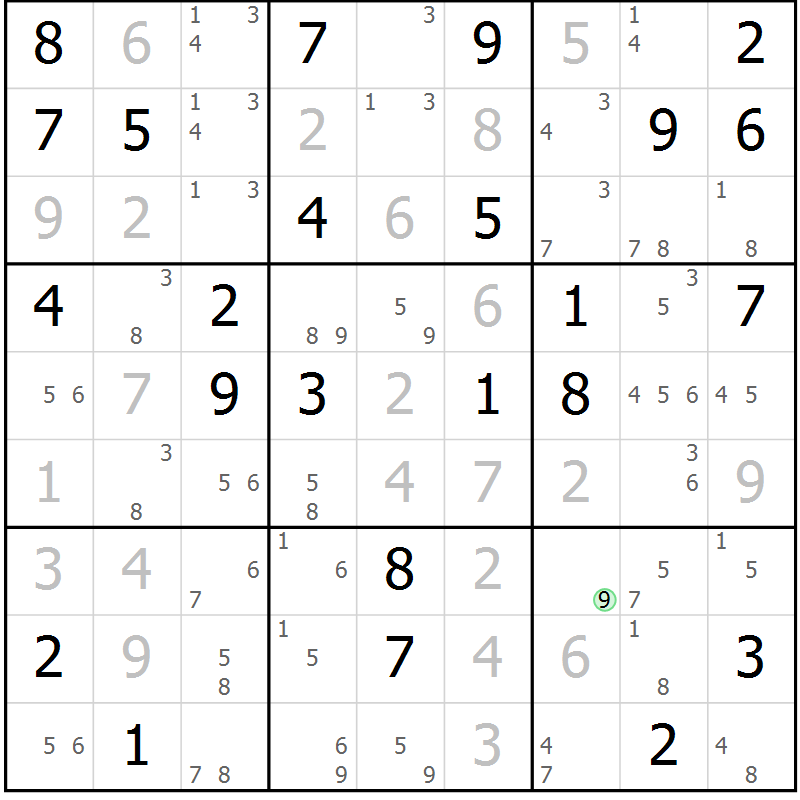 Position des candidats pour la solution de la Gr 68 page 71 du magazine de sudoku Suprême n° 034