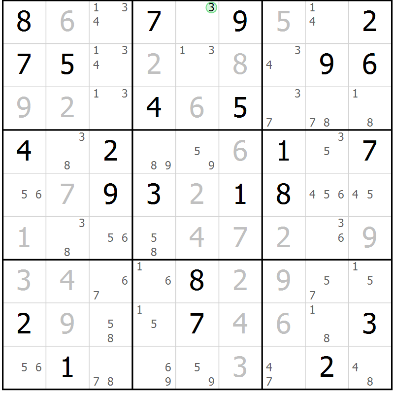 Position des candidats pour la solution de la Gr 68 page 71 du magazine de sudoku Suprême n° 034