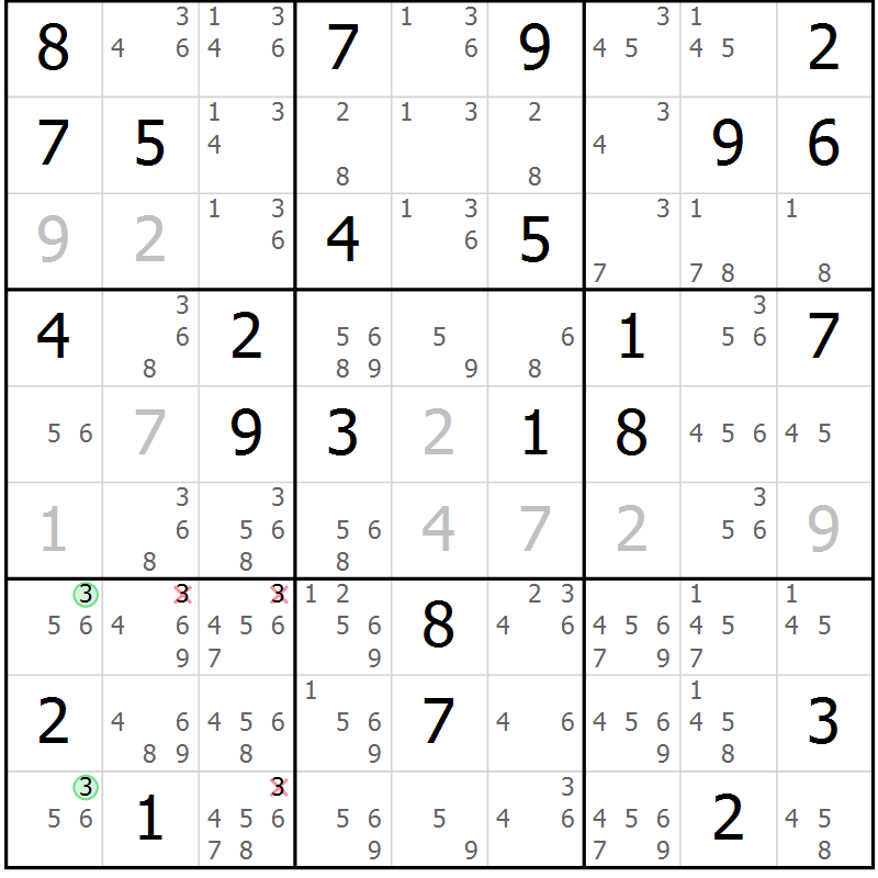 Position des candidats pour la solution de la Gr 68 page 71 du magazine de sudoku Suprême n° 034