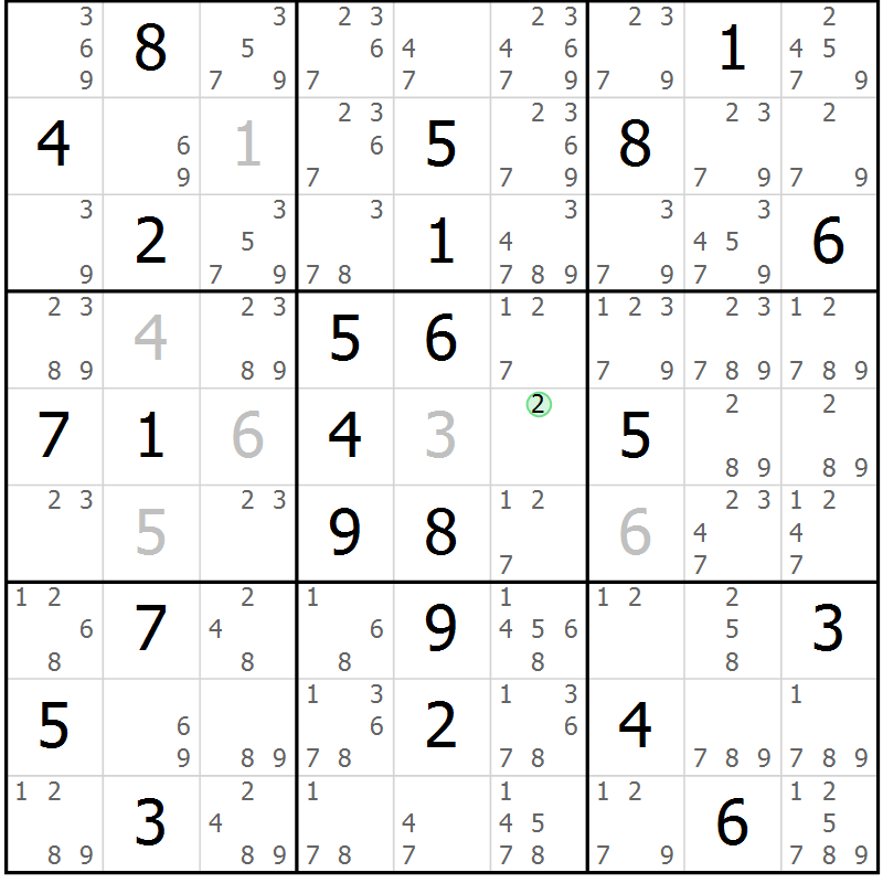 Position des candidats pour la solution de la Gr 69 page 72 du magazine de sudoku Suprême n° 034